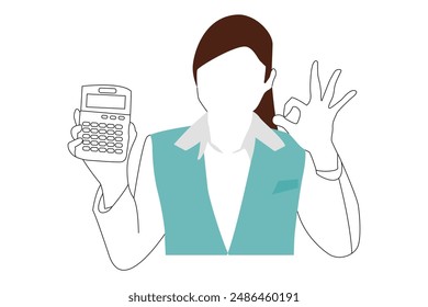 Woman displaying an OK gesture while holding a calculator, flat Ui design vector illustration.