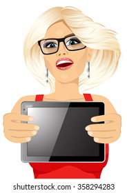 woman displaying tablet