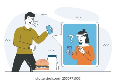 Woman with dissatisfied customer. Young guy yells at girl with burgers and fries. Cafe with takeaway eating and fast food. Negative feelings and emotions. Linear vector illustration