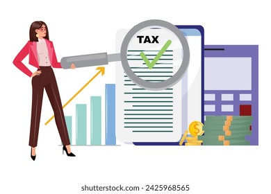 Woman in distinctive red glasses scrutinises a tax mobile application with a magnifying glass. Money, calculator and charts in the backdrop