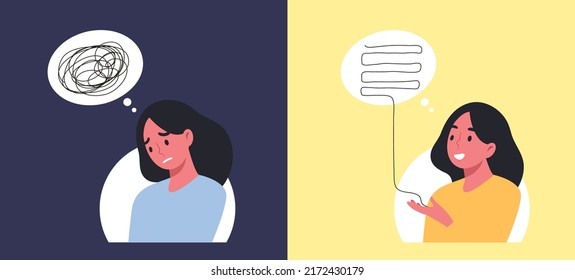 Woman with distracted thought and organized thought on dark and bright background. Concept of emotional management, negative and positive thinking, mental health. Flat vector illustration character.