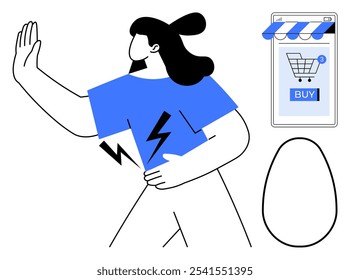 A woman with a distressed expression holds her stomach while denying a smartphone displaying a shopping cart and a Buy button. Ideal for online shopping, e-commerce, digital retail, consumer stress