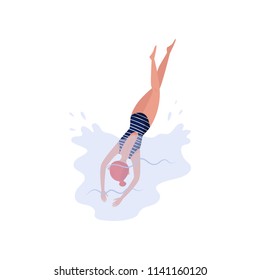 Woman dived into water, upside down view. Active recreation at sea. Young girl in blue striped swimsuit. Flat vector design