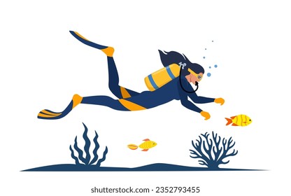 Woman diver with diving equipment wearing wetsuit with oxygen tank and fins. Diver swiming among algae, corals. fishes. Vector illustration