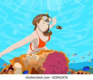 Woman diver photographer going to take pictures of marine fish near coral. Vector illustration