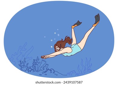 Woman diver swims underwater enjoying beauty of ocean floor covered with algae. Girl in oxygen mask and fins enjoys vacation in tropical sea being carried away by swimming. Flat vector illustration