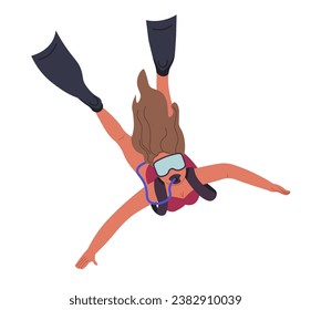 Woman diver wearing flippers and goggles, oxygen mask. Isolated scuba diving activity, sports and summer recreations and leisure time. Female personage exploring underwater world. Vector in flat style