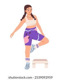 Woman in a diverse fitness routine,  stretching, and aerobic activities. Female athlete fitnes and pilates in a gym. Flat vector illustration.