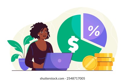 Mulher com dividendos. Empresária com laptop com gráfico e diagrama. Literacia financeira e rendimento passivo. Contador avalia finanças. Ilustração de vetor plano isolada no plano de fundo branco