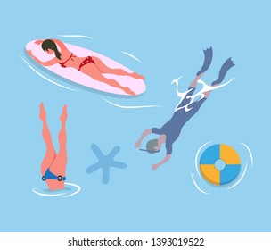 Woman diving legs up, man in flippers and mask, lady suntanning on surfboard, inflatable ring and sea star in blue waters. People resting at seaside, summertime