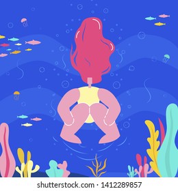 Woman Diving in Ocean Flat Vector Illustration. Tropical Fish, Multicolor Seaweed at Sea Bottom. Exotic Underwater Life, Marine Flora and Fauna. Pink Haired Young Girl at Summer Holiday Vacation