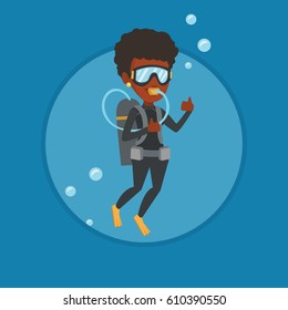 Woman diving with scuba and showing ok sign. Young woman in diving suit snorkeling and giving thumb up. Woman enjoying the dive. Vector flat design illustration in the circle isolated on background.