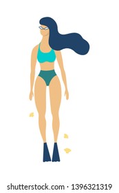 Woman diving in a sea or ocean. Diver underwater. Summer vacation activity. Marine adventure. Vector illustration in cartoon style
