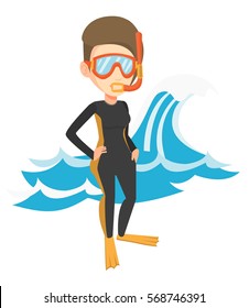 Woman in diving suit, flippers, mask and tube standing on the background of wave. Diver enjoying snorkeling. Diver ready for snorkeling. Vector flat design illustration isolated on white background.