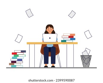 A woman is dizzily doing her job in  workspace, throwing away failed assignment papers. Character design. Vector flat illustration