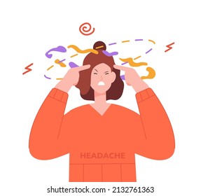 Woman dizziness. Woman drunk headache hangover, faint sick disorganized lady, tired face feel dizzy migraine, cartoon character vector illustration. Stress migraine headache