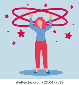 Woman dizziness. Woman drunk headache hangover, faint sick disorganized lady, tired face feel dizzy migraine, cartoon character vector illustration. Stress migraine headache