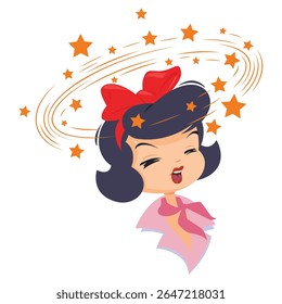 Mulher com tontura e estrelas voando em volta da cabeça. Gente engraçada. Modelo de conceito de ilustração para site, página inicial da Web, banner, apresentação, social, cartaz, promoção ou mídia impressa.