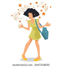 Mulher com tontura e estrelas voando em volta da cabeça. Gente engraçada. Modelo de conceito de ilustração para site, página inicial da Web, banner, apresentação, social, cartaz, promoção ou mídia impressa.