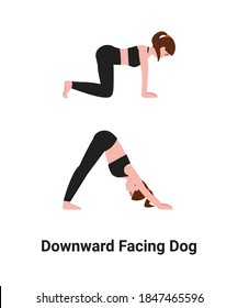 Woman do Adho Mukha Svanasana or Downward Facing Dog pose yoga for back pain. Flat vector cartoon isolated illustration.