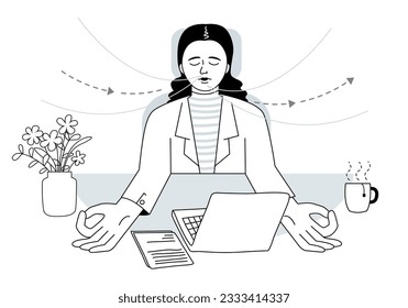 A woman do breathing yoga at her desk on work place, work and life balance concept. Outline vector illustration.