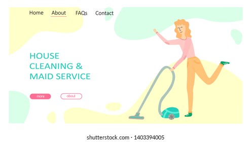 Woman do cleaning from dust with vacuum cleaner. Cartoon flat Vector illustration of professional cleaning service concept. Website landing page. For web, logo, template, card, poster, banner