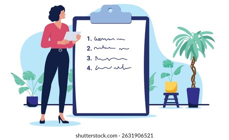 Woman with to do list - Businesswoman person standing with clipboard and numbered list of notes, planning and working. Flat design vector illustration on white background