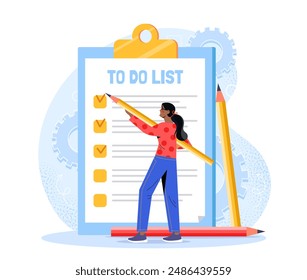 Woman with to do list. Young girl with pencil near notepad with list of goals and tasks. Organizing efficient workflow and time management. Cartoon vector illustration isolated on white background