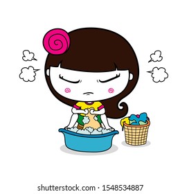 Woman do one's washing clothes with irritability, vector illustration isolated on white background.