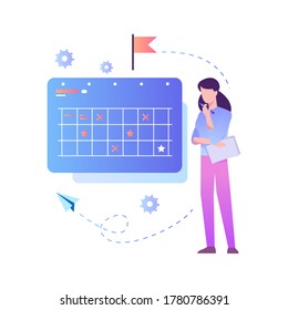 Woman do a really deep thinks about what the business strategy that will fits with her business. Vector illustration with pinky gradient style 