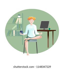 Woman do simple office yoga pose without leaving your work desk . Office Yoga