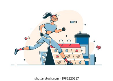 Woman do sports according to schedule vector illustration. Getting physical strength flat style. Active time and healthy lifestyle concept