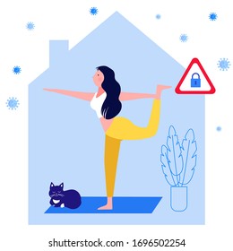A woman do yoga at home. Keep calm. Lock down. Protect from viruses. Flat illustration