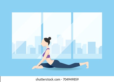 Woman do yoga in Studio beside city view