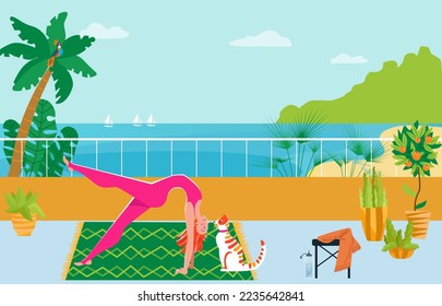 Woman do yoga at terrace, vector illustration, flat girl character relax at home, make fitness exercise at rug, meditation with cat pet.