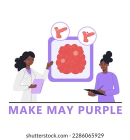 Woman doctor and African American woman patient exploring brain stroke in flat style. Make May Purple.