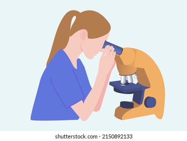 woman Doctor with blond hair looks into an orange microscope on a blue background, side view, vector, illustration