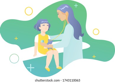 Woman doctor in a blue coat listens with a stethoscope the breath of a little girl in a yellow dress. A child at a specialist appointment. Blue-green design.