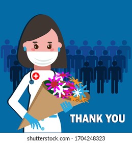 A woman doctor with a bouquet of flowers. Thanks to the doctors. Gratitude of recovered patients. For a postcard or poster. Vector flat illustration
