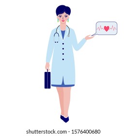 Woman doctor with briefcase and stethoscope on white background