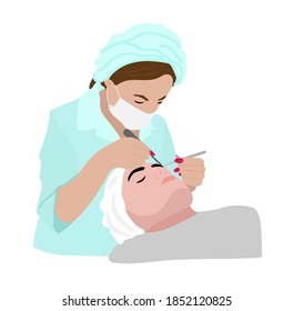 The woman doctor is caring for the skin of the patient. Beauty treatments,  edit the eyebrows and capacity-lashes in the salon under the supervision of a physician.