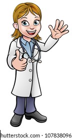A woman doctor cartoon character waving and giving a thumbs up