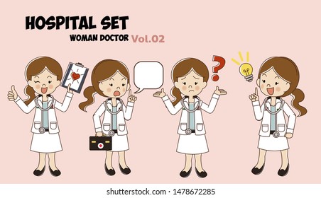 Woman doctor cartoon style set. illustration isolated. Hospital set. medical activities. Vol.02