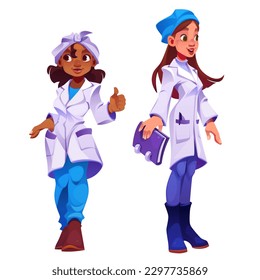 Caricatura del personaje vectorial de la doctora. El personal hospitalario femenino aislado es un ejemplo. Equipo de salud profesional con dentista y terapeuta. Feliz joven farmacéutico africano vestido de uniforme con gorra.