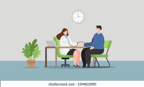 Woman doctor checking patients, vector flat illustration
