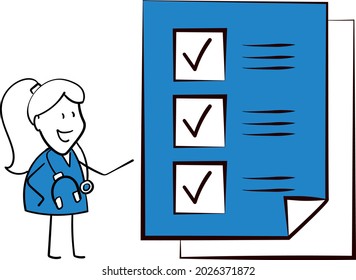 Woman doctor with checklist document.Hand drawn doodle line art cartoon character design. Coronavirus and covid-19. Health care and medicine.isolated vector illustration check mark. Health test.

