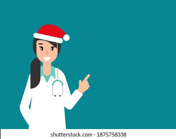 Woman doctor with Christmas Santa hat on blue background. Winter precautions list. Check yourself. Holidays Medical internet consultation. Healthcare consulting.  Hospital support online. 