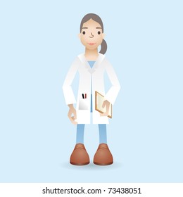 Woman doctor with with coat, paper block and pen