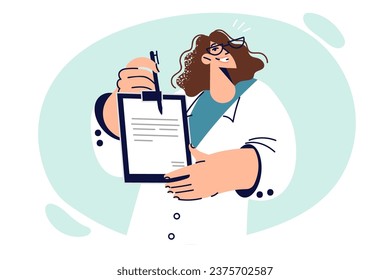 Woman doctor demonstrates clipboard with treatment plan or recommendation for recovery after surgery. Girl doctor advises to take out health insurance to get rid of costs of treatment in future