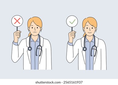 Woman doctor demonstrates sign with tick or cross, symbolizing permission or prohibition for surgical intervention. Girl therapist with stethoscope on neck advocates for or against use of medicines